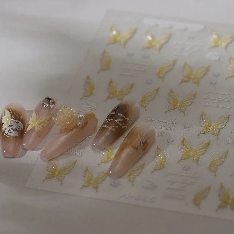 Yellow Butterfly Rose Flower Lace Gradual Wing Charming Romantic Jelly Camellia Self Adhesive Nail Art Stickers Manicure Decals (Online Order Only)