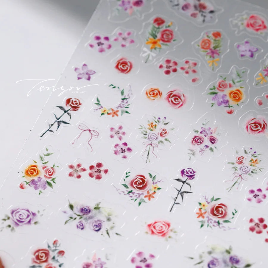 Rose Flower Garden Soft Embossment Adhesive Nail Art Stickers Charming Rhinestone Manicure Decals Nail Supplies for Professional (ONLINE ORDER ONLY)