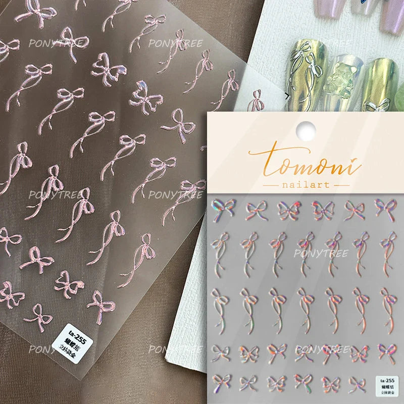 Purple Gold Silver Bowknot Cherry Fruit Cute Ribbon Tie Line Delicate 3D Adhesive Nail Art Stickers Manicure Decals Wholesale (Online Order Only)