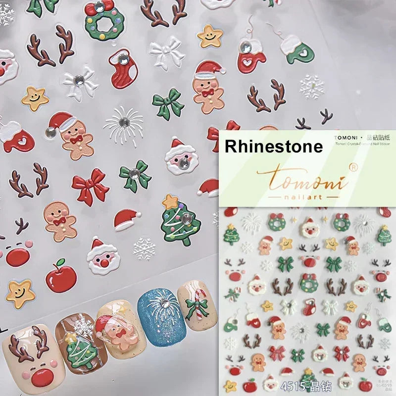 Black White Christmas Tree Snowflake Bowknot Snowman Socks Star Santa Hat Deer Rhinestone Winter Nail Art Sticker Manicure Decal (Online Order Only)