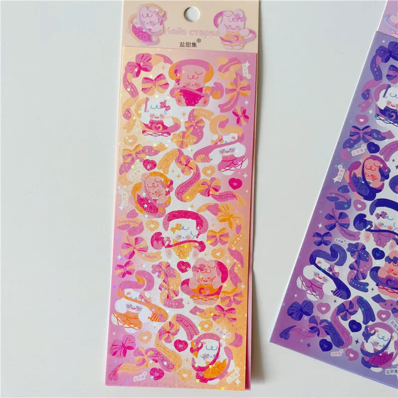 6/8pcs Kawaii Ribbon Rabbit Decorative Sticker Set Girls Scrapbooking Idol Card DIY Diary Album Collage Material Korean Stickers (ONLINE ORDER ONLY)