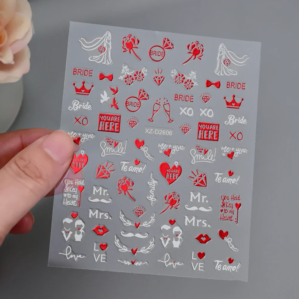 1PC Holographic Laser Heart Nail Stickers-3D Self-Adhesive Golden White Valentines Day Nail Decals For Women Nail Art Decoration (ONLINE ORDER ONLY)