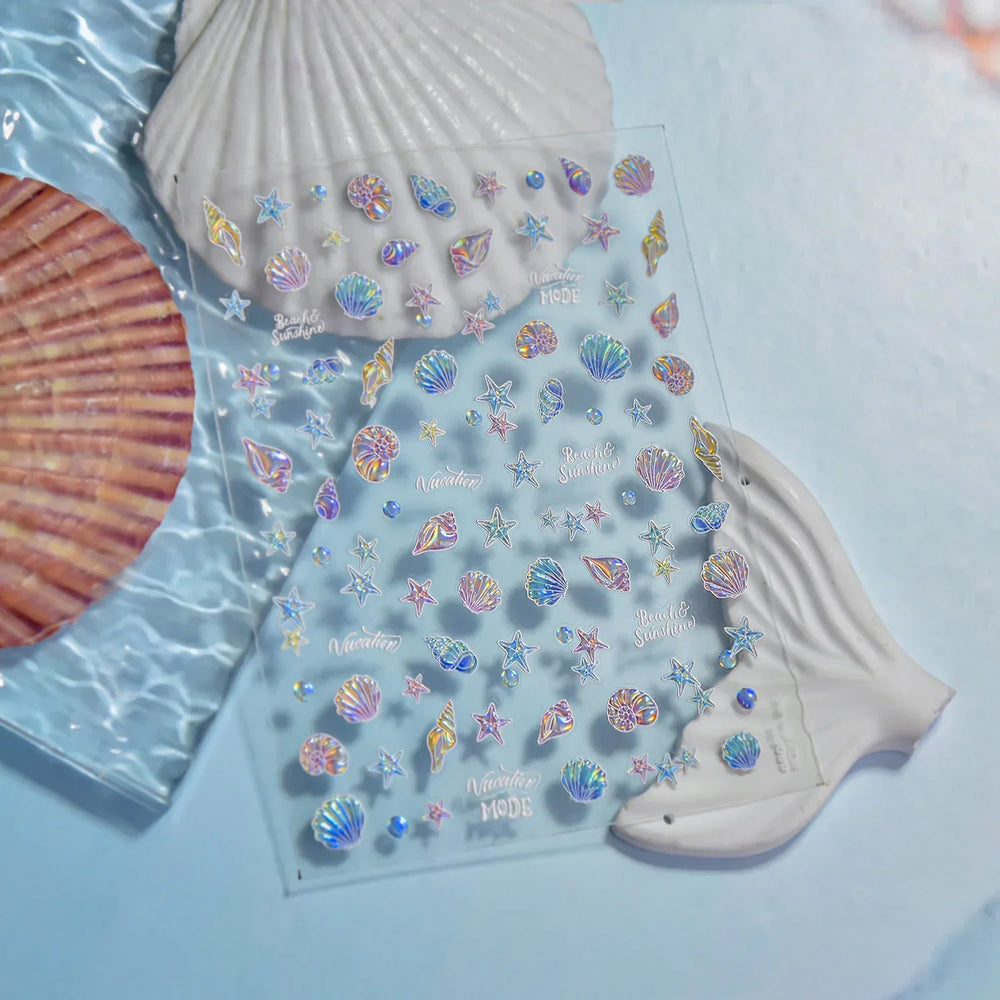 Hot Stamping Laser Shell Conch Starfish Pearl Whale Coral Dolphin Summer Beach Sea Wave Jellyfish Bubble Nail Art Stickers Decal (ONLINE ORDER ONLY)