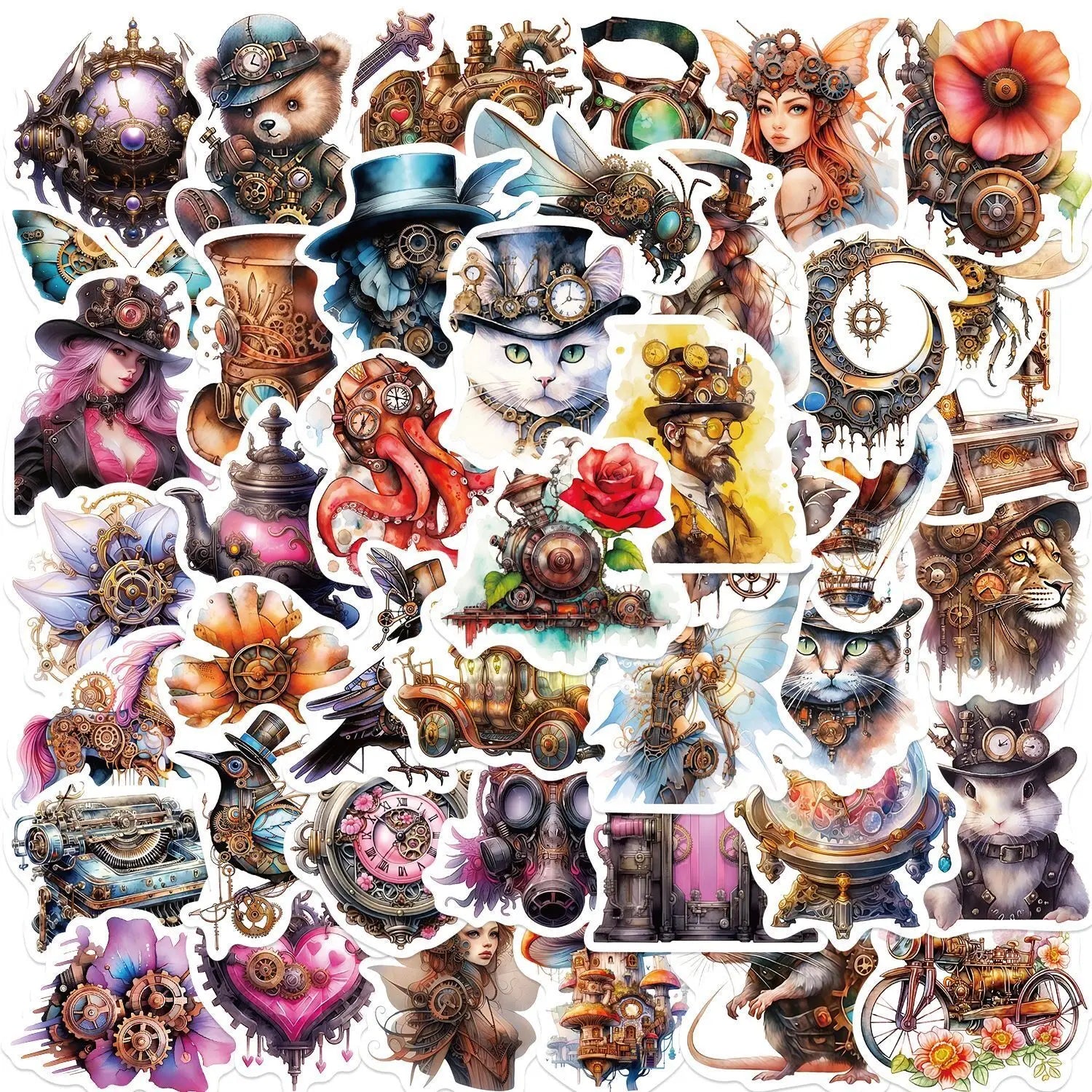 10/50PCS Vintage Steampunk Metal Animal Girl Stickers Aesthetic Decals DIY Laptop Suitcase Phone Notebook Car Decoration Sticker (ONLINE ORDER ONLY)