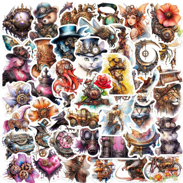 10/50PCS Vintage Steampunk Metal Animal Girl Stickers Aesthetic Decals DIY Laptop Suitcase Phone Notebook Car Decoration Sticker (ONLINE ORDER ONLY)