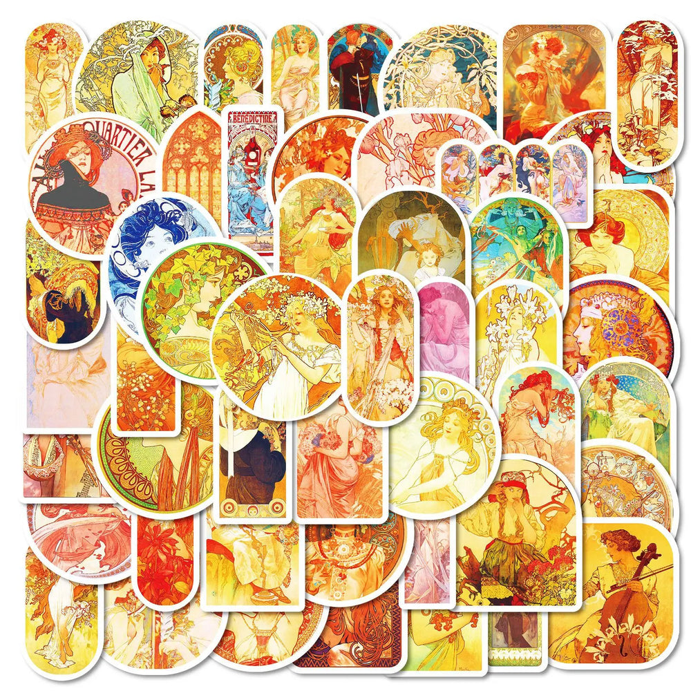 50Pcs Cartoon Mucha Art Graffiti Stickers for Helmet, Wall, DIY Decor (Online Order Only)