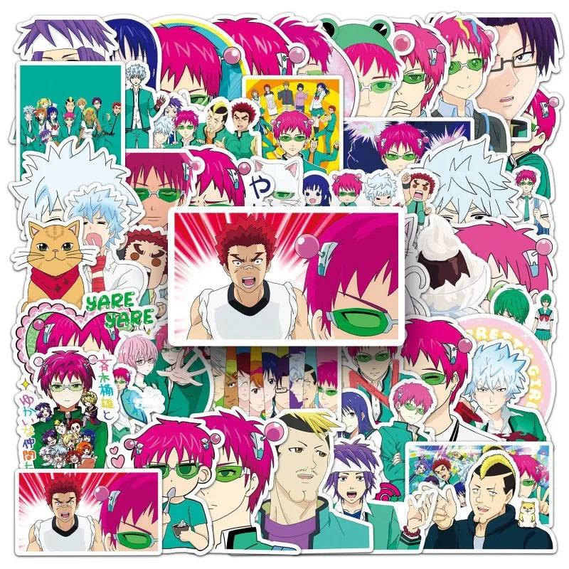 50pcs Saiki K Anime Stickers for Suitcase, Water Cup, Phone, Notebook, Fridge Decoration (Online Order Only)