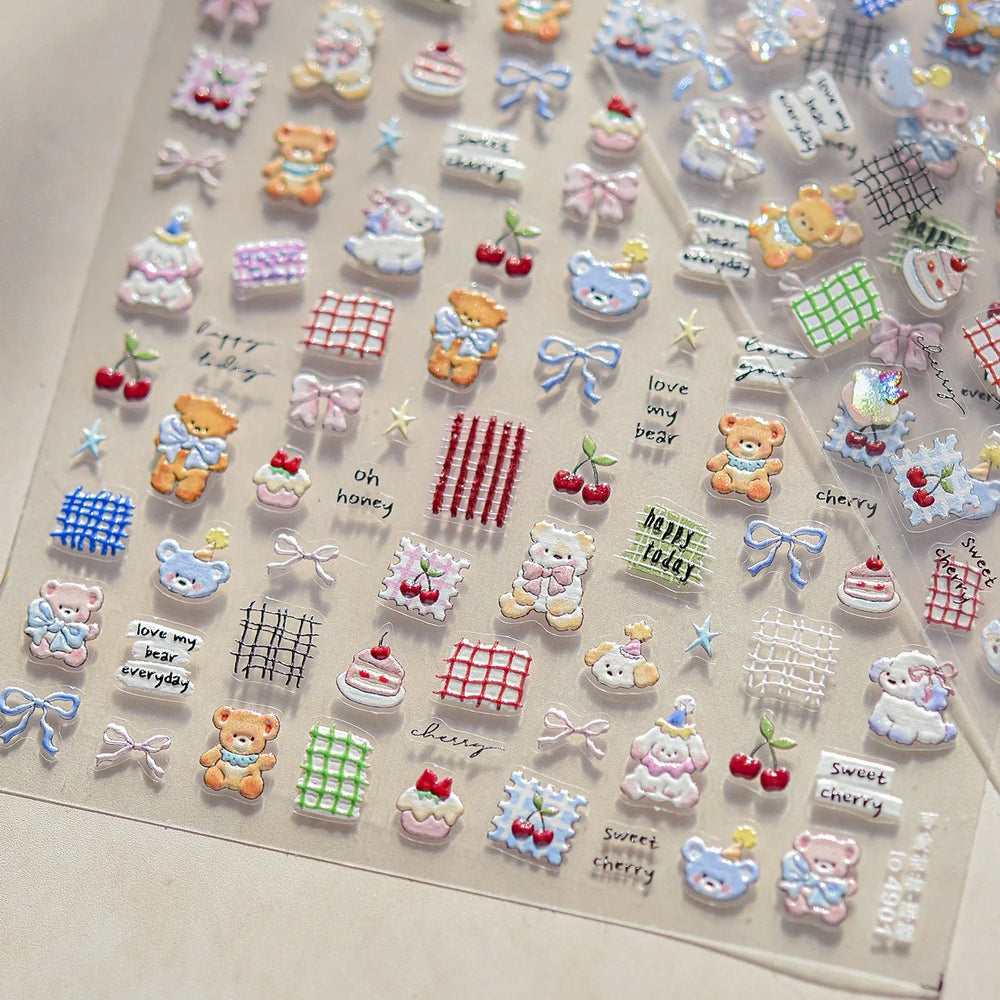 Cute Animals Bear Dog Cake Sweet Cherry Grid Bowknot Star Line Fruit Relief Self Adhesive Nail Art Stickers 3D Manicure Decals (ONLINE ORDER ONLY)