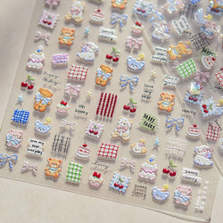Cute Animals Bear Dog Cake Sweet Cherry Grid Bowknot Star Line Fruit Relief Self Adhesive Nail Art Stickers 3D Manicure Decals (ONLINE ORDER ONLY)