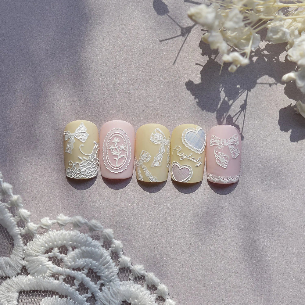 Gird Lace Bowknot Love Heart Flower Fabric Printing Frame Bow Tie Rococo Pattern Daisy Tender Nail Art Stickers Manicure Decals (ONLINE ORDER ONLY)