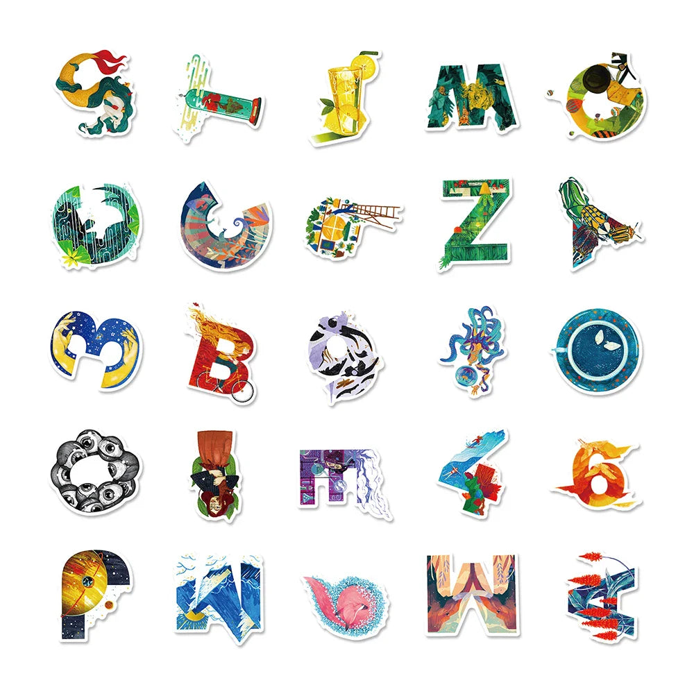 10/30/50PCS Illustration Art Aesthetic Graffiti Stickers Cute Letter Number Decals Decoration Wall Phone Notebook Kids DIY Toys (ONLINE ORDER ONLY)