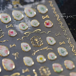 Hot Stamping Jelly All Tulips Garden Flower Bowknot Wave Lace Line Golden and Radiant Adhesive Nail Art Stickers Manicure Decals (ONLINE ORDER ONLY)