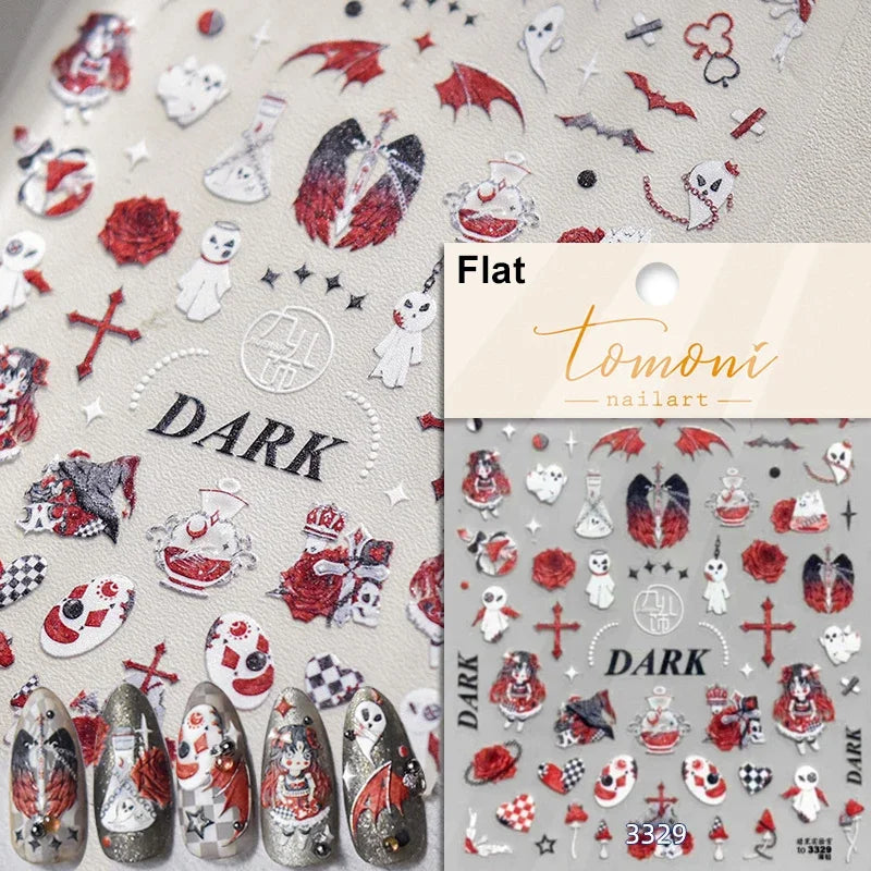 Gothic Dark Spider Butterfly Cross Flame Wings Halloween Horror Rose Flower Rabbit Pumpkin Bear Nail Art Stickers Manicure Decal (ONLINE ORDER ONLY)