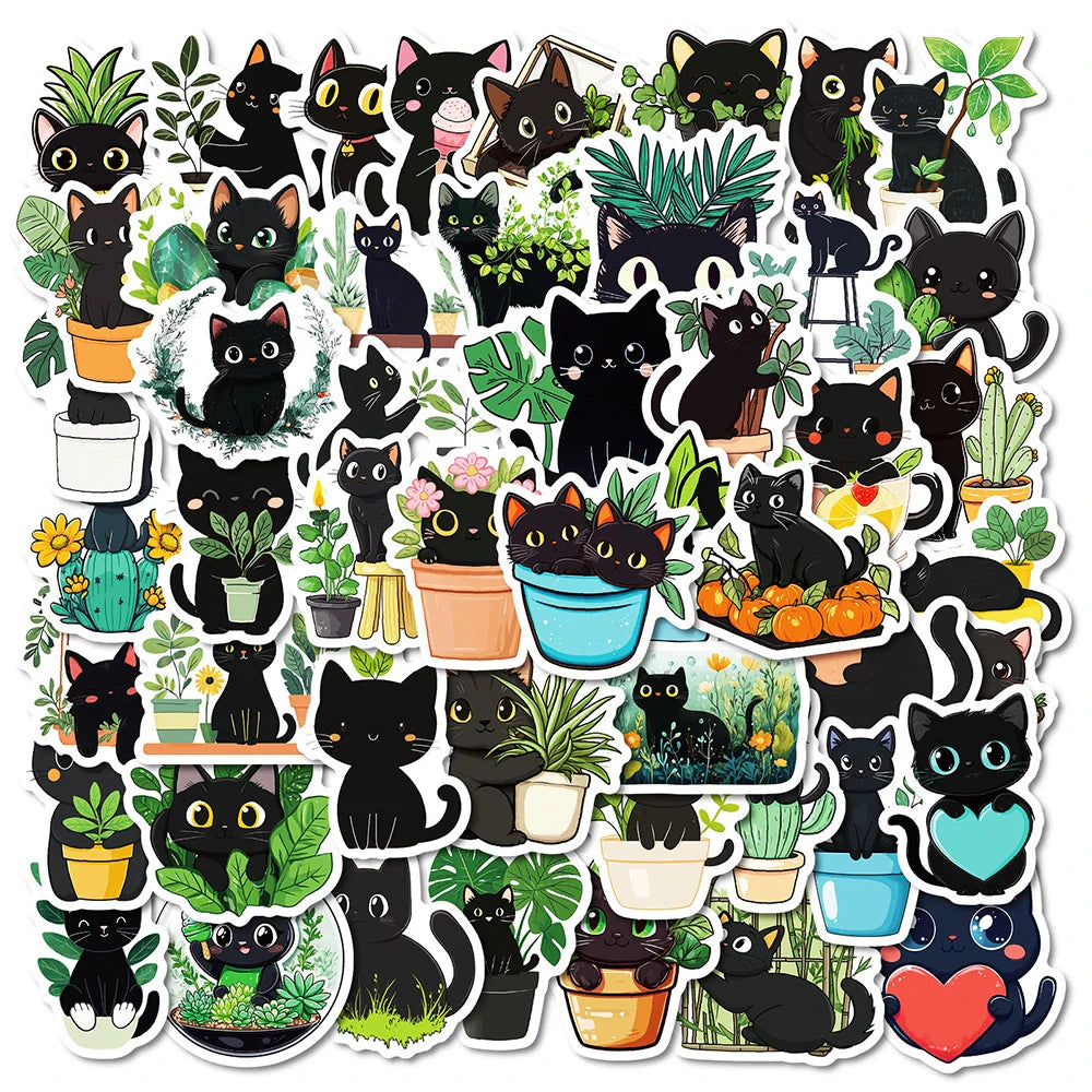 Cute Black Cat Cartoon Stickers - Waterproof Decals for Laptop, Phone, Water Bottle, Suitcase - 10/30/50pcs (ONLINE ORDER ONLY)