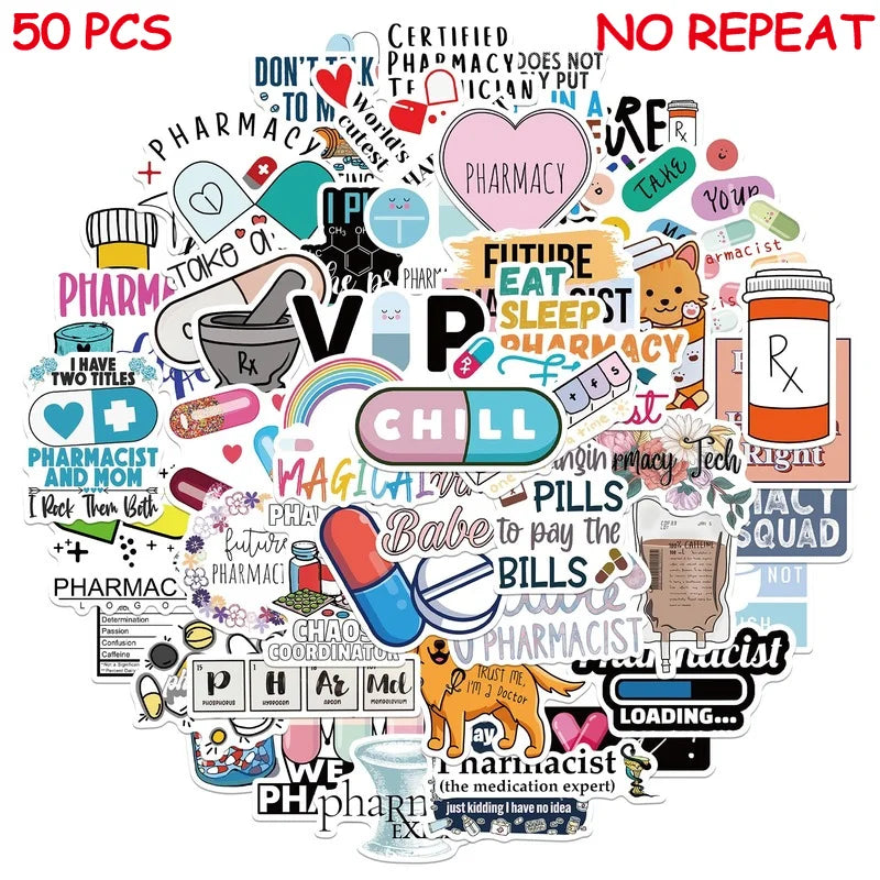 Pharmacy Cartoon Stickers Decals for DIY Laptop Phone Water Bottle Skateboard (Online Order Only)