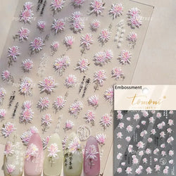 Pink Cherry Blossoms Peach Flower Petal Green Leaf Greenery 5D Embossed Relief Self Adhesive Nail Art Sticker 3D Manicure Decals (ONLINE ORDER ONLY)