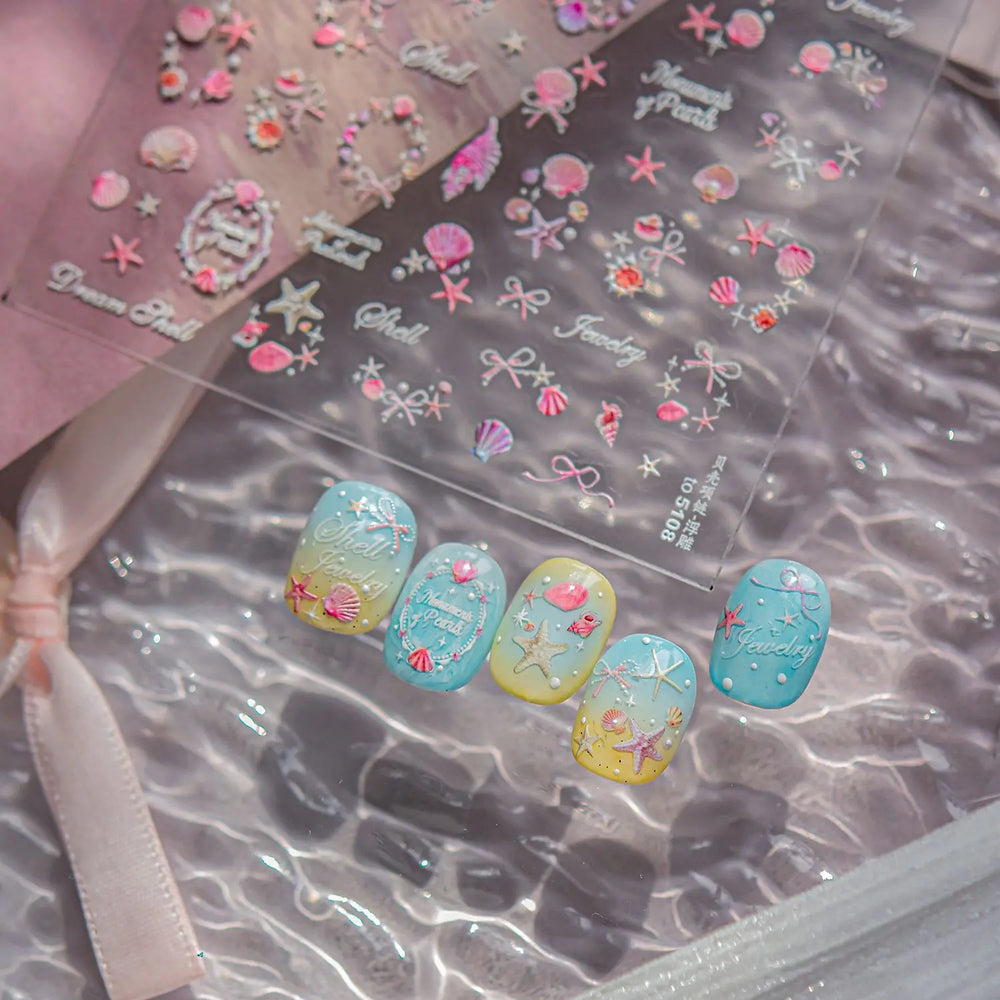 Pink Star Oceanic Shell Starfish Conch Bowknot Embossment Shiny Delicate 5D Chic Self Adhesive Nail Art Stickers Manicure Decals (Online Order Only)
