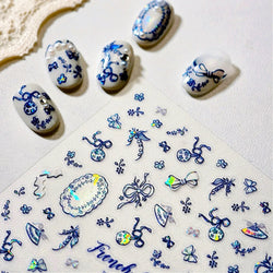 French Chic Blue Line Bowknot Fan Flower Leaves Butterfly Lace Frame Bell Shiny Self Adhesive Nail Art Stickers Manicure Decals (ONLINE ORDER ONLY)