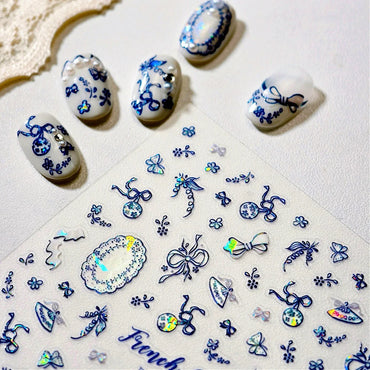 French Chic Blue Line Bowknot Fan Flower Leaves Butterfly Lace Frame Bell Shiny Self Adhesive Nail Art Stickers Manicure Decals (ONLINE ORDER ONLY)