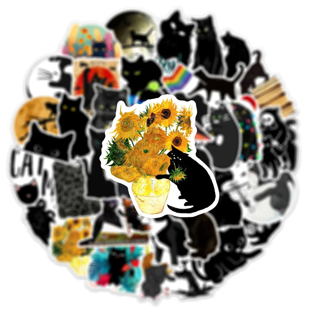 10/30/50/100PCS Cartoon Black Cat Stickers Scrapbook Phone Guitar Laptop Luggage PVC Waterproof Car Sticker Children Classic Toy (ONLINE ORDER ONLY)