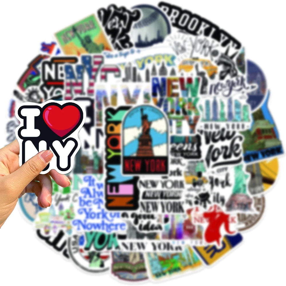 50Pcs New York Stickers America Kawaii Cartoon Decal For Skateboard Bicycle Guitar Laptop Kids Waterproof Stiker Toys (ONLINE ORDER ONLY)