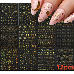 12pcs 3D Golden Glitter Heart Love Nail Stickers Valentine Self Adhesive Cute Cartoon Decal Geometry Slider Manicure Decoration* (ONLINE ORDER ONLY)