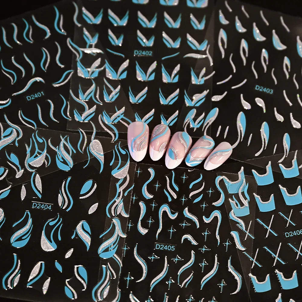6pcs/Set Blue Gold Glitter French Design 5D Nail Stickers Curve Lines Swirls Wave Nail Sliders Reflective Flakes Decals Manicure (ONLINE ORDER ONLY)