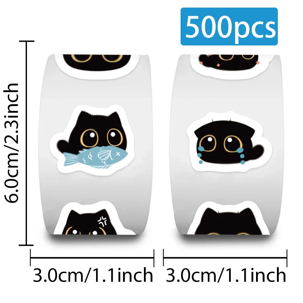 500pcs/roll Cute Cartoon Animal Black Cat Stickers Kids Students Reward Decals Luggage Laptop Phone Vinyl Sticker (10 Patterns) (ONLINE ORDER ONLY)