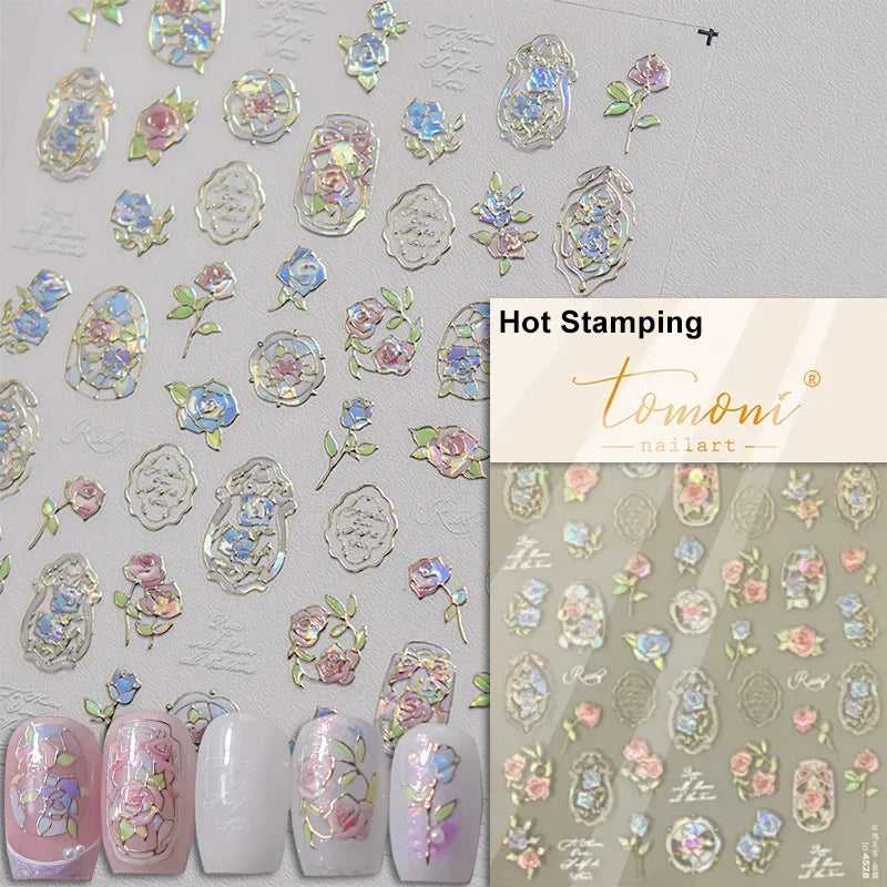 Pale Flower Bouquet Label Bowknot Stationery Sunflower Daisy Leaf 3D Self Adhesive Nail Art Stickers Rhinestone Manicure Decals (Online Order Only)