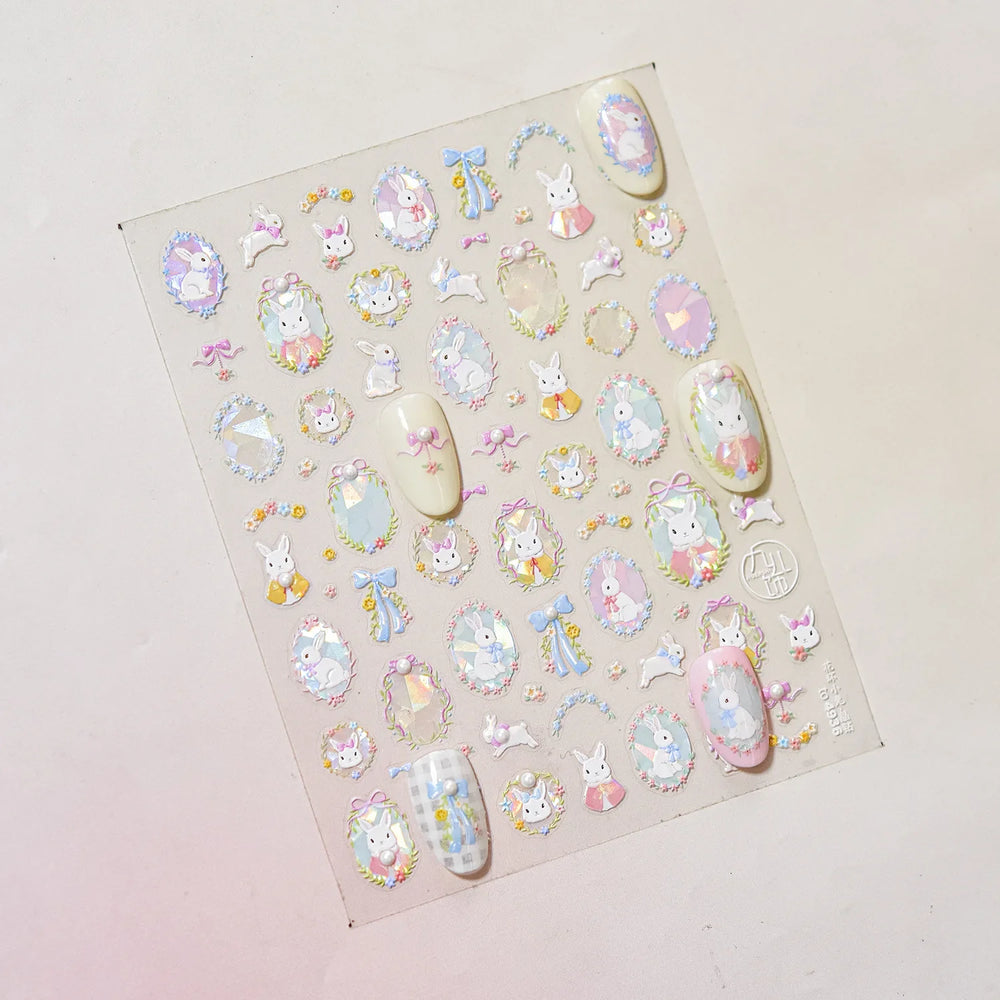 Flower Garland Lovely Bunny Rabbit Floral Wreath Bowknot Frame Spring Charm Heart 5D Adhesive Nail Art Stickers Manicure Decals (ONLINE ORDER ONLY)