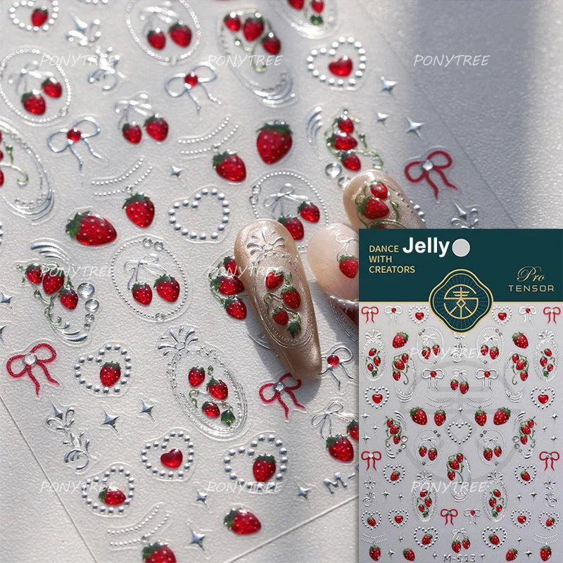 Lovely Red Seductive Strawberry Line Bowknot Love Heart Star Jelly Cherry Delicate Self Adhesive Nail Art Sticker Manicure Decal (ONLINE ORDER ONLY)