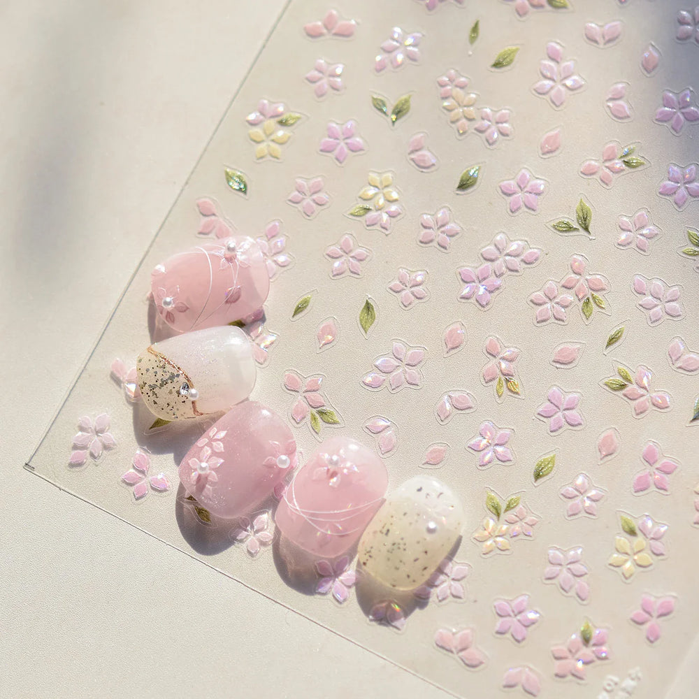 Pink Cherry Blossoms Peach Flower Petal Green Leaf Greenery 5D Embossed Relief Self Adhesive Nail Art Sticker 3D Manicure Decals (ONLINE ORDER ONLY)