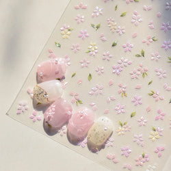 Pink Cherry Blossoms Peach Flower Petal Green Leaf Greenery 5D Embossed Relief Self Adhesive Nail Art Sticker 3D Manicure Decals (ONLINE ORDER ONLY)