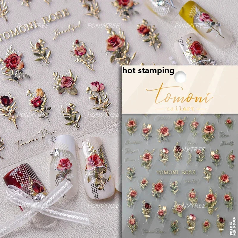 Metal Effect Rose Flower Pattern Totem Photo Frame Self Adhesive Nail Art Sticker Romantic Chic Wreath Rhinestone Manicure Decal (Online Order Only)