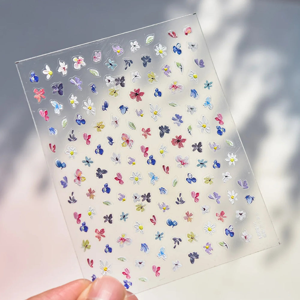 Wild Flower Oil Painting Small Variegated Daisy Peach Blossom Lavender Spring Petal Adhesive Nail Art Stickers Manicure Decals (Online Order Only)