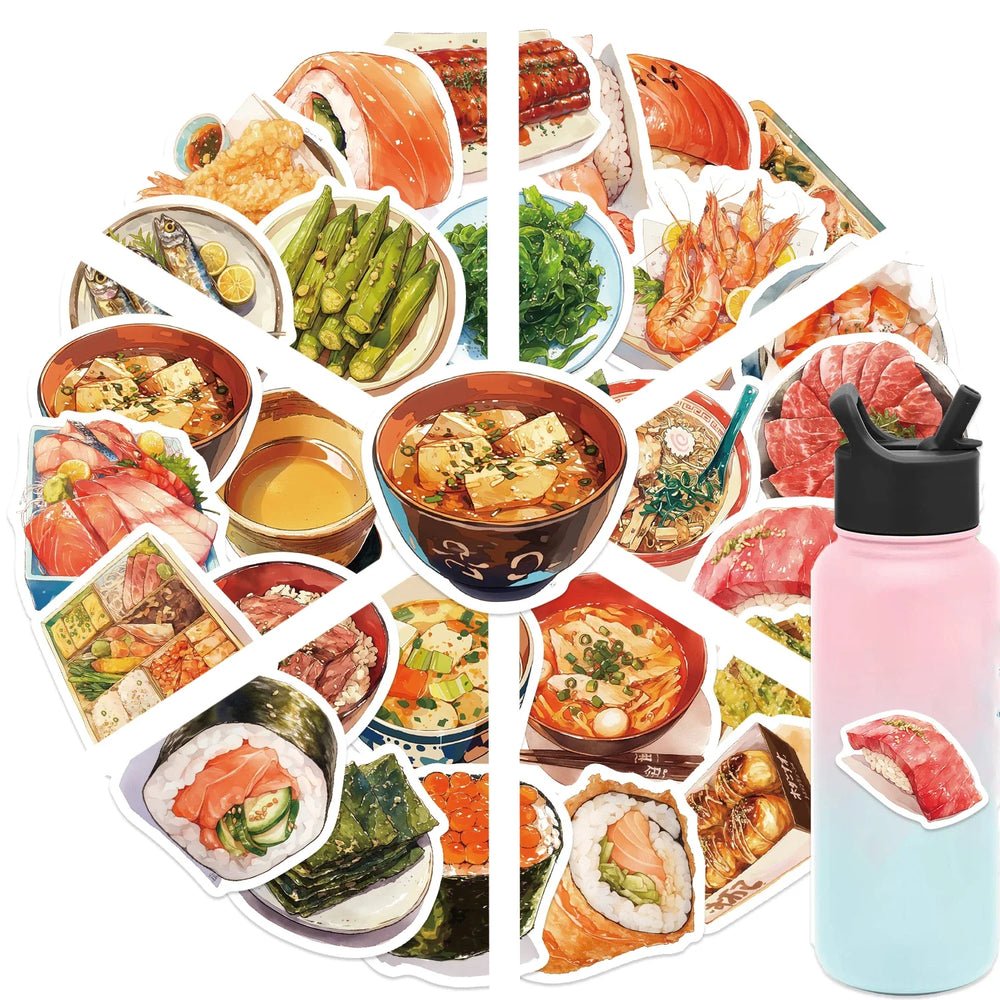 30Pcs Japanese Gourmet Food Stickers for Laptop Scrapbook Waterproof Cartoon Graffiti Decals Cute Sticker Toys Decor (Online Order Only)