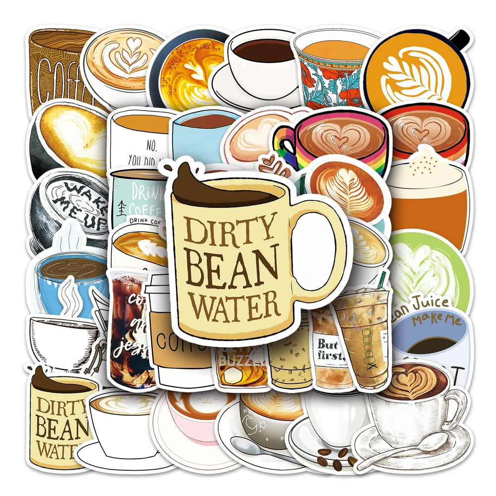 50Pcs Coffee Cartoon Waterproof Vinyl Stickers for Skateboard Snowboard Decal (Online Order Only)