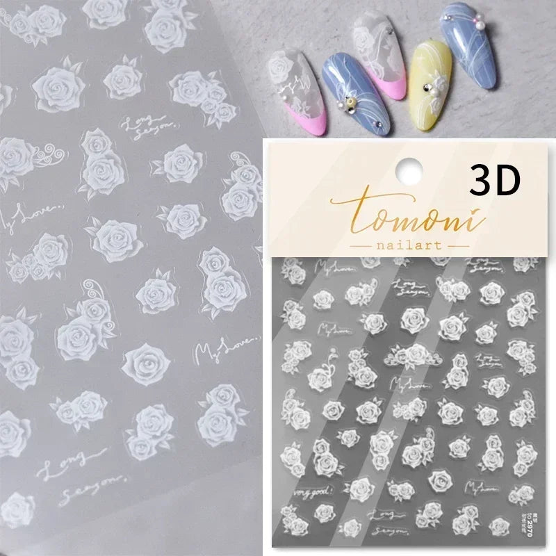 Pale Flower Bouquet Label Bowknot Stationery Sunflower Daisy Leaf 3D Self Adhesive Nail Art Stickers Rhinestone Manicure Decals (Online Order Only)