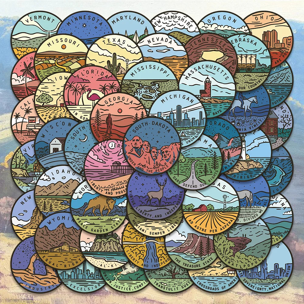 50PCS USA State Tourism Stickers Decals for Kids DIY Scrapbook Laptop Bike (Online Order Only)