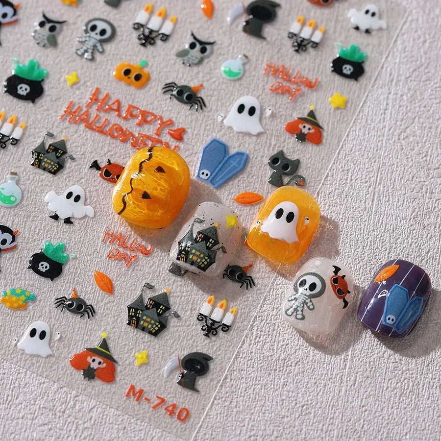 Halloween Ghost Pumpkin Bat Coffin Cat Spider Demon Jelly Self Adhesive Nail Art Sticker Terrifying Candy Candle Manicure Decals (ONLINE ORDER ONLY)