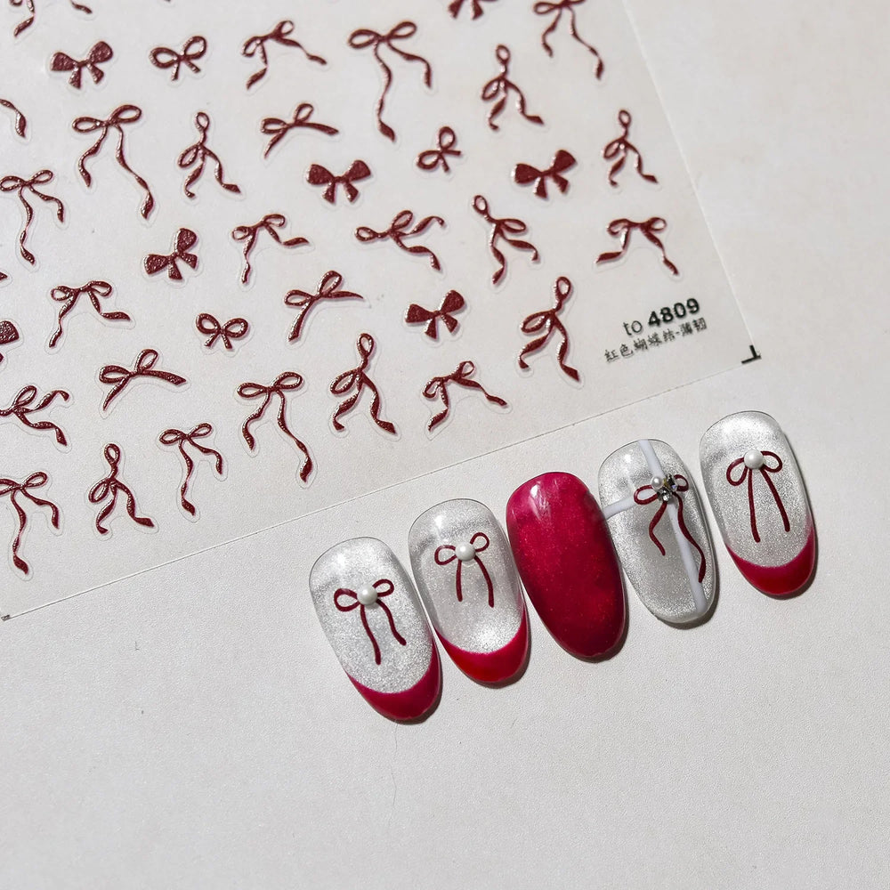 Chic Red Bowknot Silk Ribbon Pearl Elegant Line Self Adhesive Nail Art Stickers Dressy Rhinestone Manicure Decals Nail Supplies (Online Order Only)