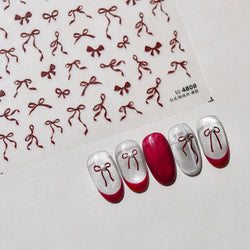 Chic Red Bowknot Silk Ribbon Pearl Elegant Line Self Adhesive Nail Art Stickers Dressy Rhinestone Manicure Decals Nail Supplies (Online Order Only)