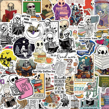 10/50PCS Funny Skull Reading Books Stickers Aesthetic DIY Phone Bottle Luggage Laptop Skateboard Car Graffiti Decals Toy Sticker (Online Order Only)