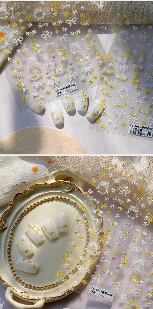 Yellow Purple Mini Flower White Lace Bowknot Flower Bouquet Spring 5D  Adhesive Nail Art Decoration Stickers DIY Manicure Decals (ONLINE ORDER ONLY)