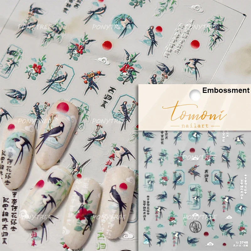 Romantic Pink Peach Blossom Tower Circular Fan Hollowed Window Tassel Pendant Antique Tree Chic Nail Art Stickers Manicure Decal (ONLINE ORDER ONLY)