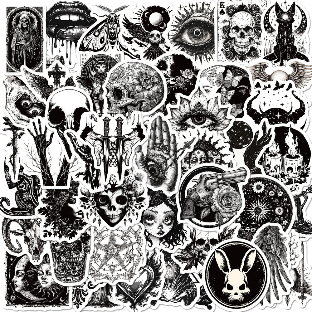 Black & White Gothic Graffiti Stickers for Luggage, Laptop, Phone, Car, Bike, Skateboard (10/30/50PCS) (ONLINE ORDER ONLY)