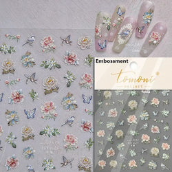 Colorful Embroidery Peony Pearl Full-blown Flower Rhinestone Chinese Luxury Relief Self Adhesive Nail Art Sticker Manicure Decal (Online Order Only)