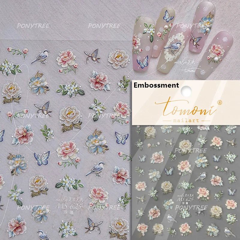 Pink Rose Flower Rambler Heart Bowknot Butterfly Shiny Soft Relief Adhesive Nail Art Stickers Romantic Spring 3D Manicure Decals (ONLINE ORDER ONLY)