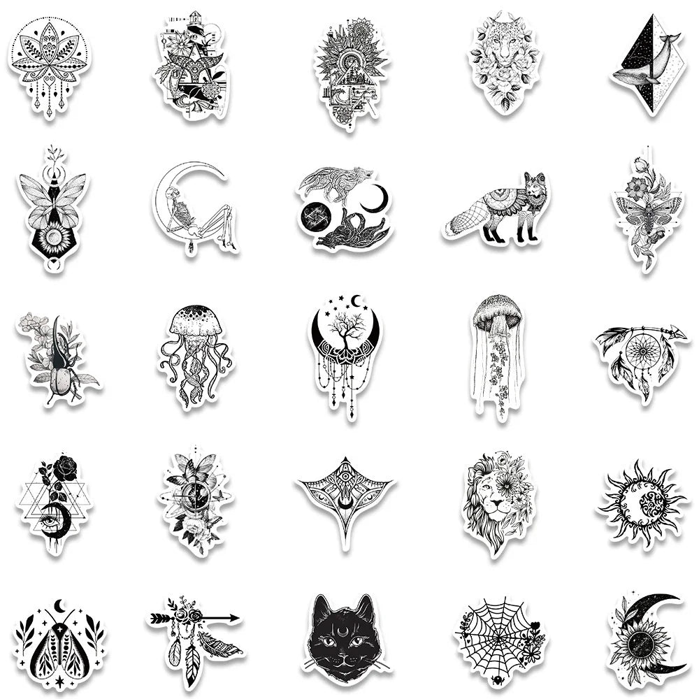 50pcs Black White Psychedelic Gothic Stickers Pack Stationery Laptop Phone Guitar Ipad Sticker DIY Scrapbooking Supplies (ONLINE ORDER ONLY)