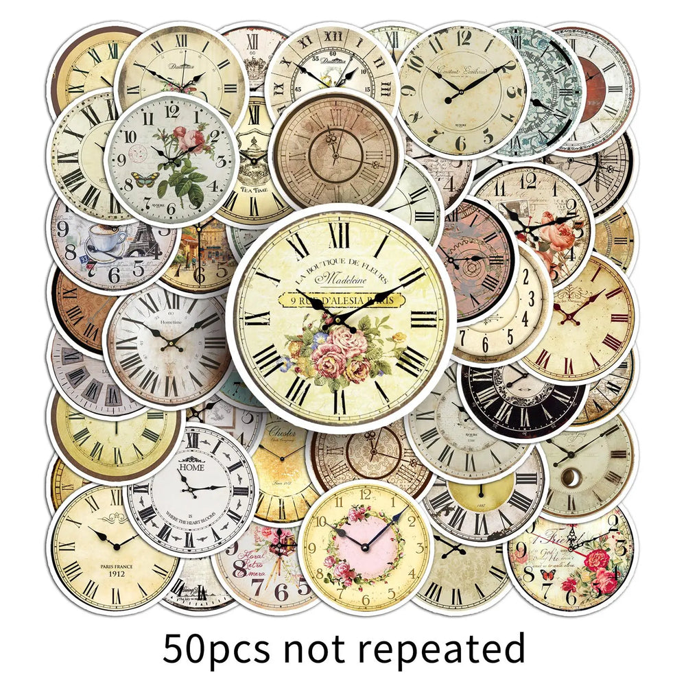 50Pcs Cartoon Pocket Watch Graffiti Stickers for Helmet Wall DIY Decoration (Online Order Only)